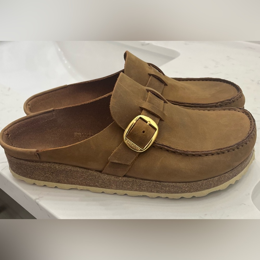 Birkenstock Buckley, Oiled Leather Cognac. Size 40